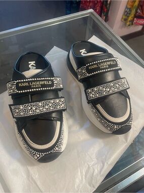 Karl Lagerfeld  Black & White Pearl-Studded Velcro Sneakers